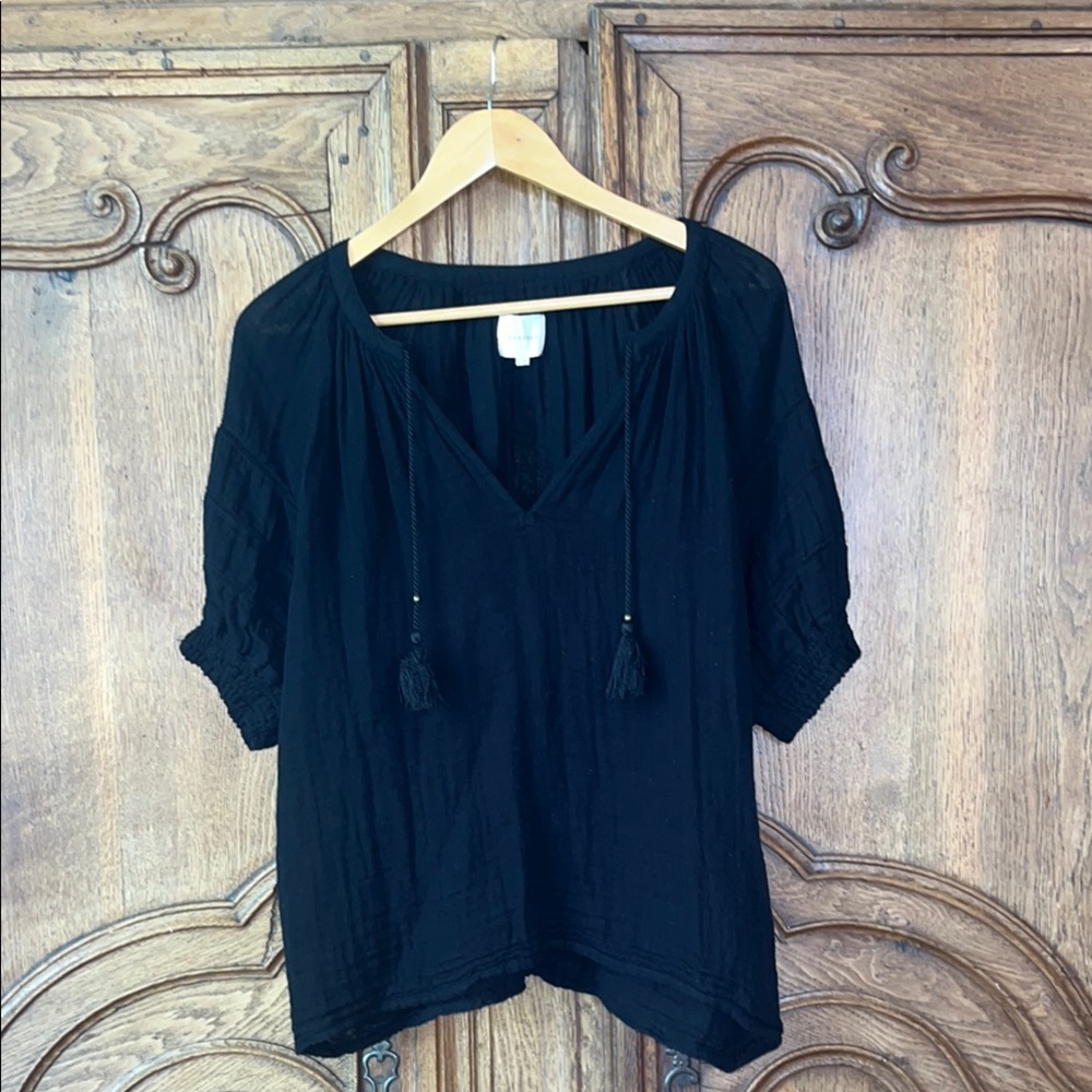 Sundays Colette Eyelet Puff Sleeve Blouse Top Womens 3 Black Cotton Tasseled - Picture 5 of 16